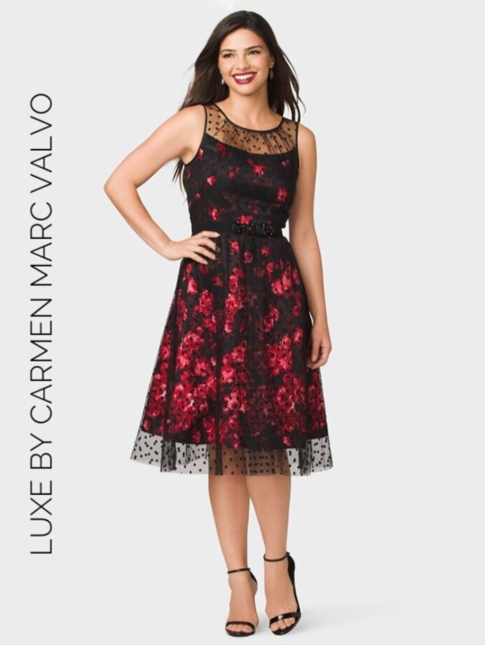Luxe Carmen Marc Valvo Black & Red Floral Sheer Midi Dress